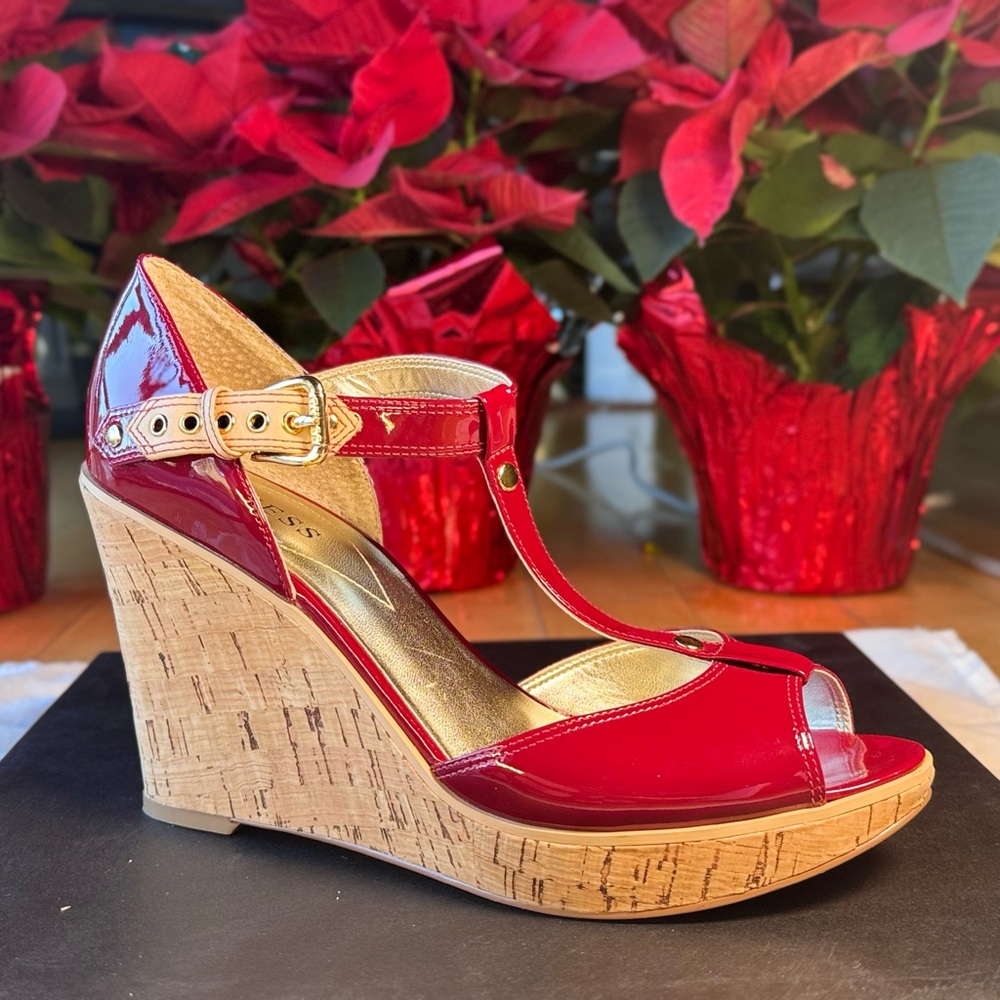 Guess Red Wedge Sandals with Cork Heel and Ankle Strap